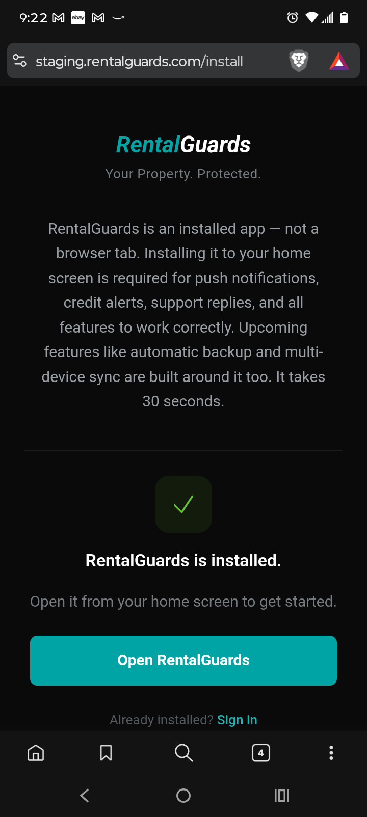 RentalGuards installed confirmation