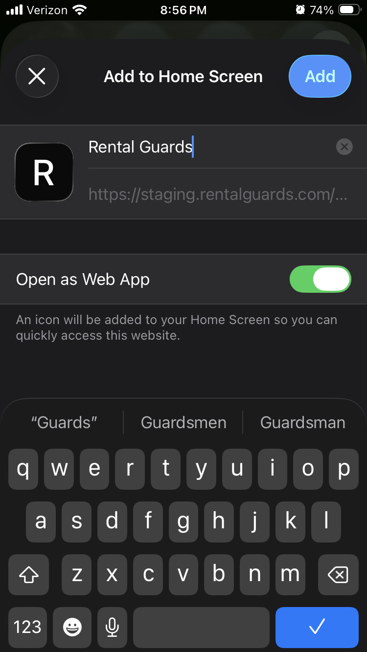Add to Home Screen confirmation dialog