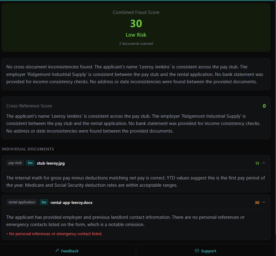 RentalGuards scan results screen showing Combined Fraud Score 30, Low Risk for Document A.